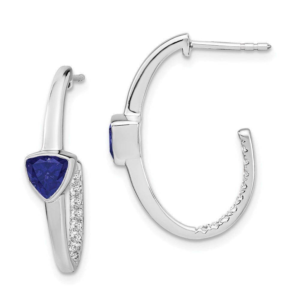 14k White Gold Trillion Created Sapphire/Real Diamond J-hoop Earrings