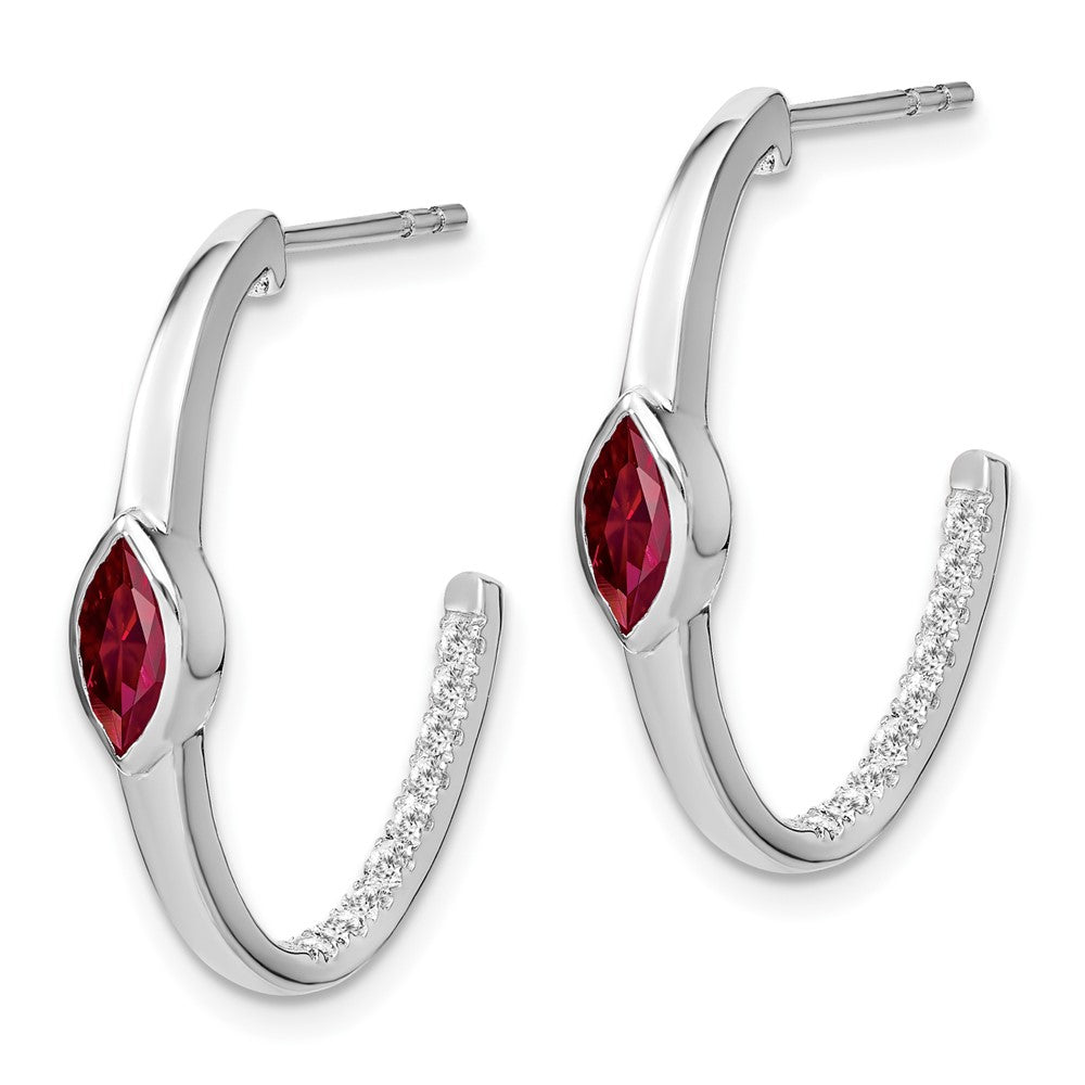 14k White Gold Marquise Created Ruby/Real Diamond J-hoop Earrings