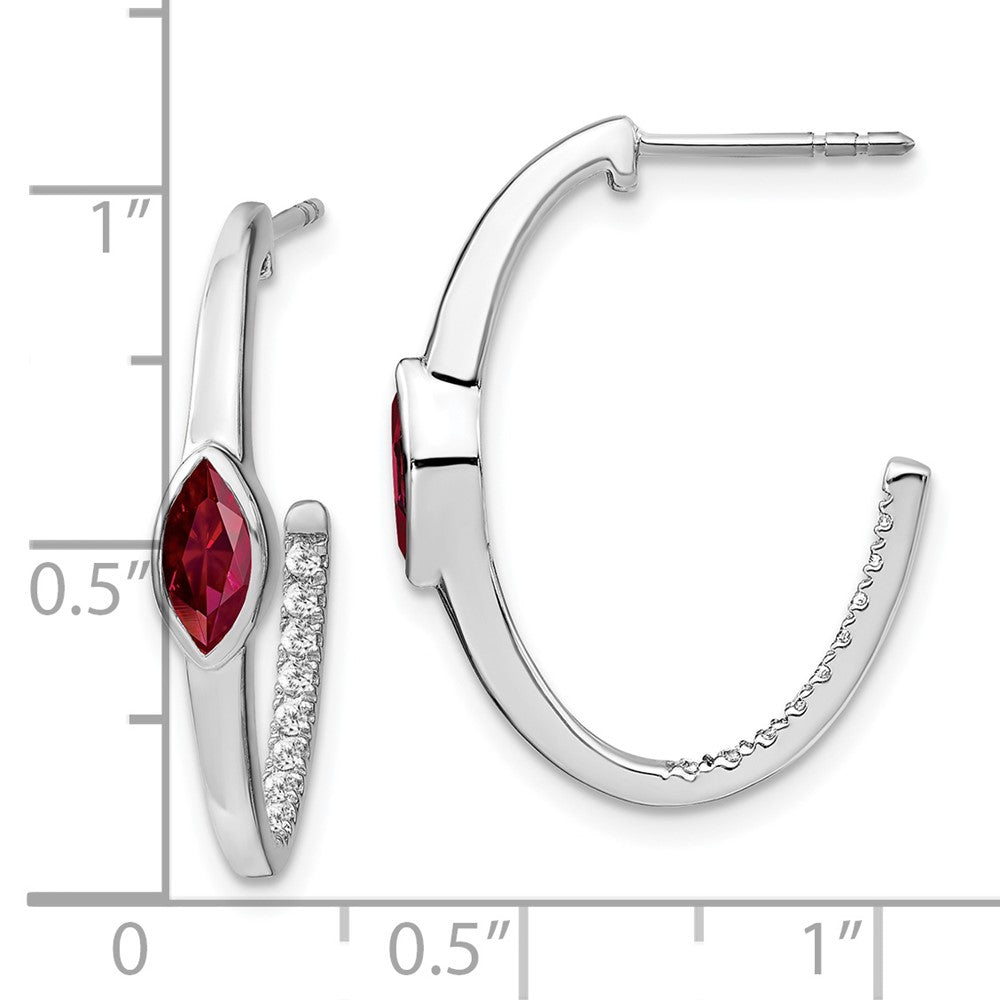 14k White Gold Marquise Created Ruby/Real Diamond J-hoop Earrings