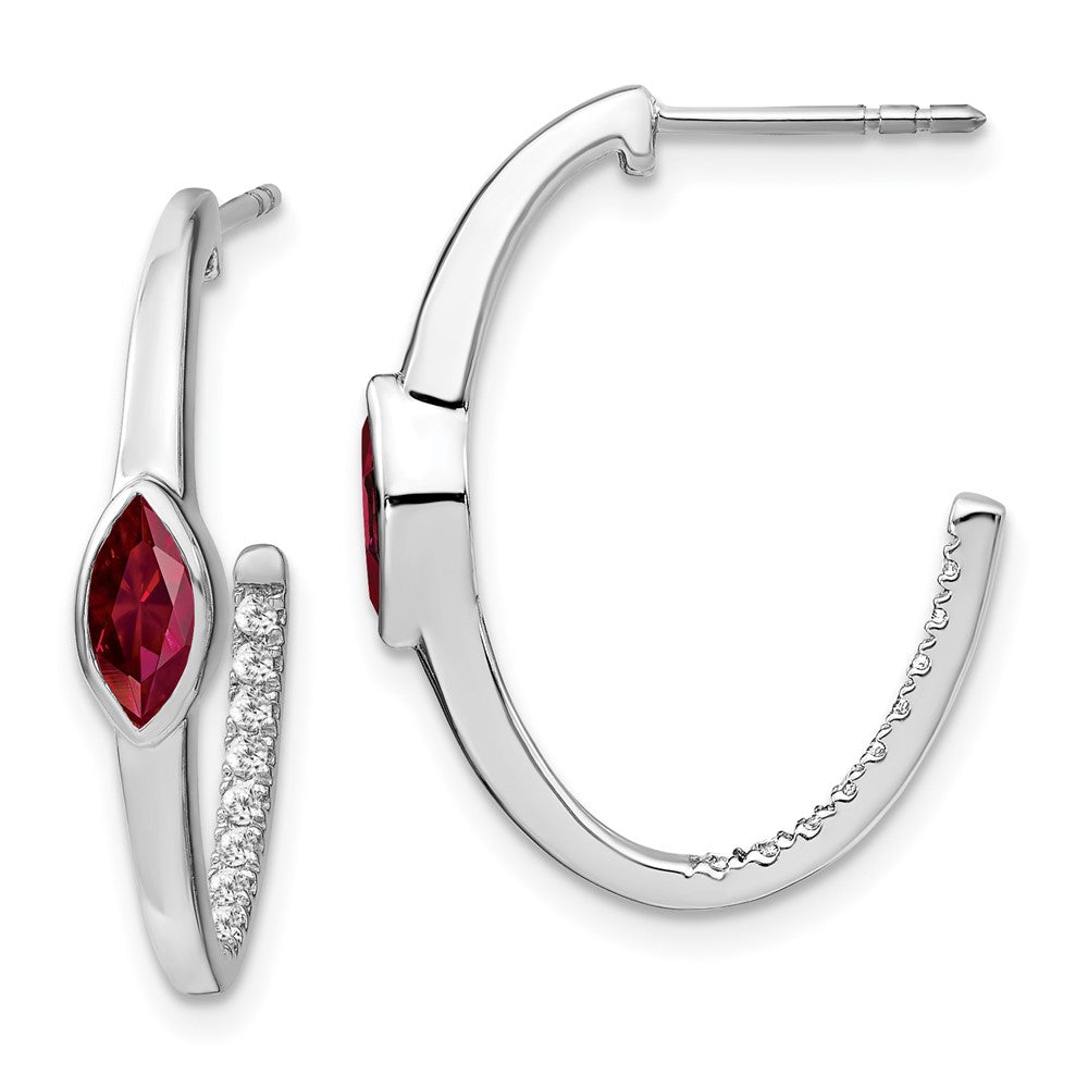 14k White Gold Marquise Created Ruby/Real Diamond J-hoop Earrings