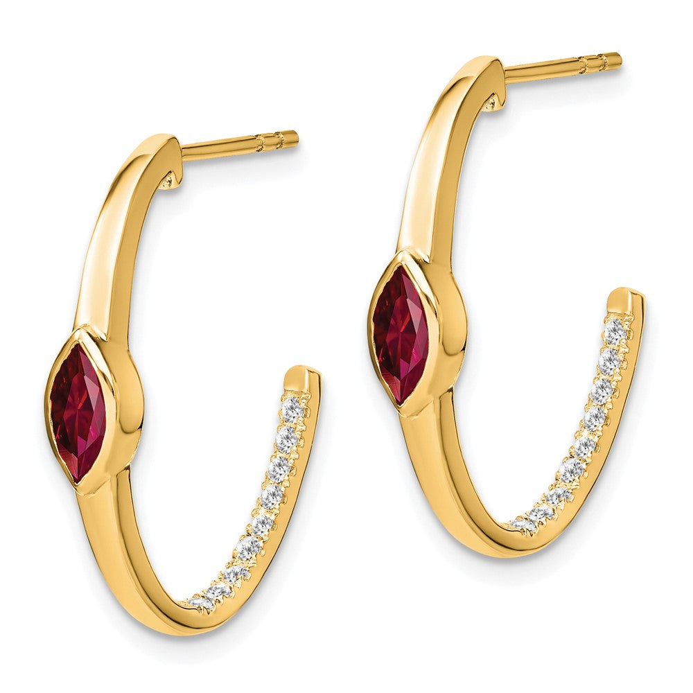 Solid 14k Yellow Gold Marquise Created Simulated Ruby and CZ J-hoop Earrings