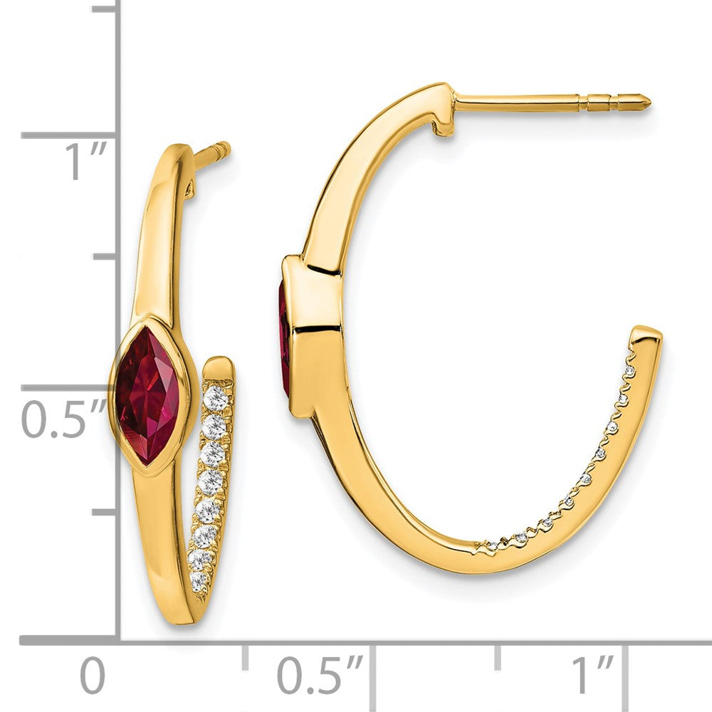 Solid 14k Yellow Gold Marquise Created Simulated Ruby and CZ J-hoop Earrings