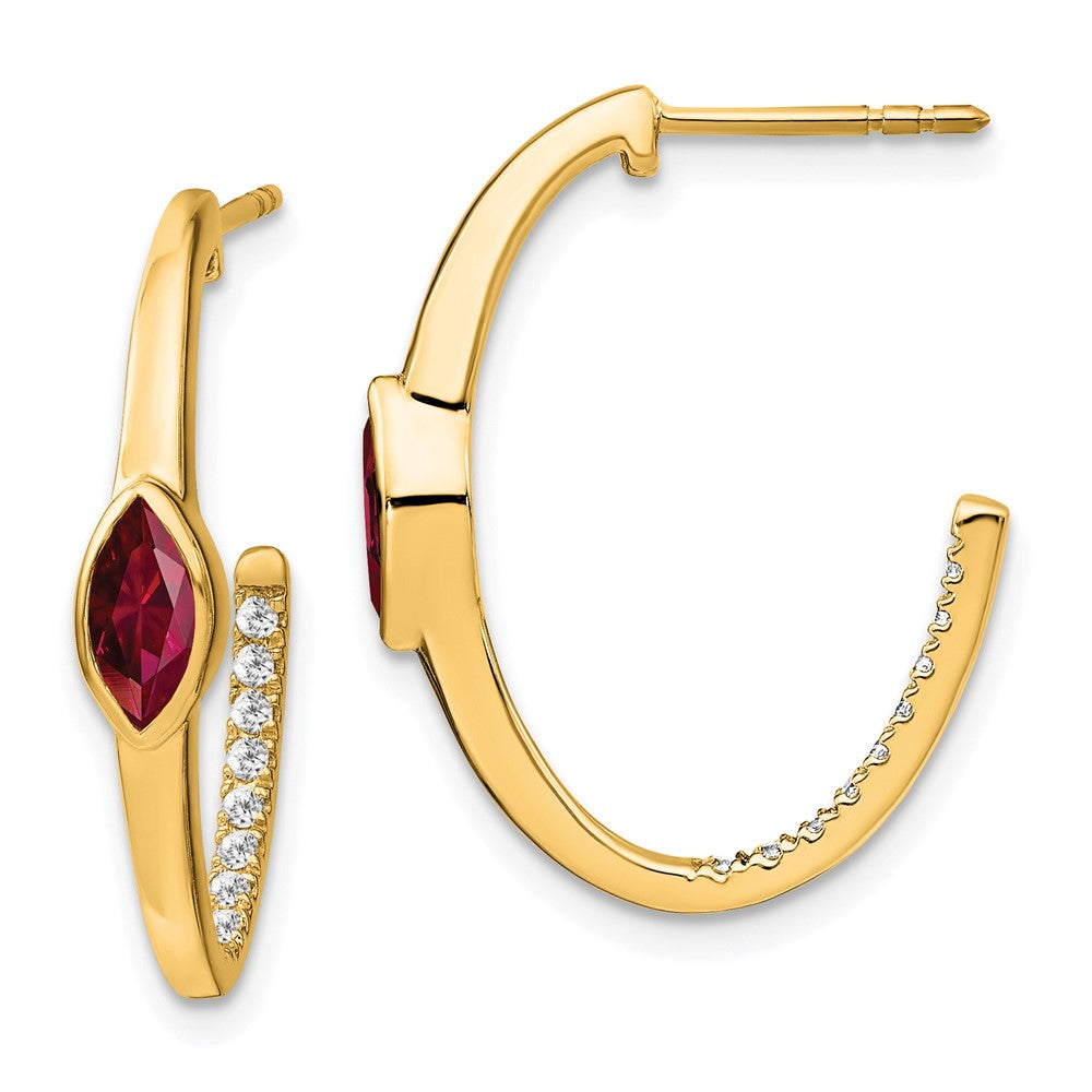 Solid 14k Yellow Gold Marquise Created Simulated Ruby and CZ J-hoop Earrings