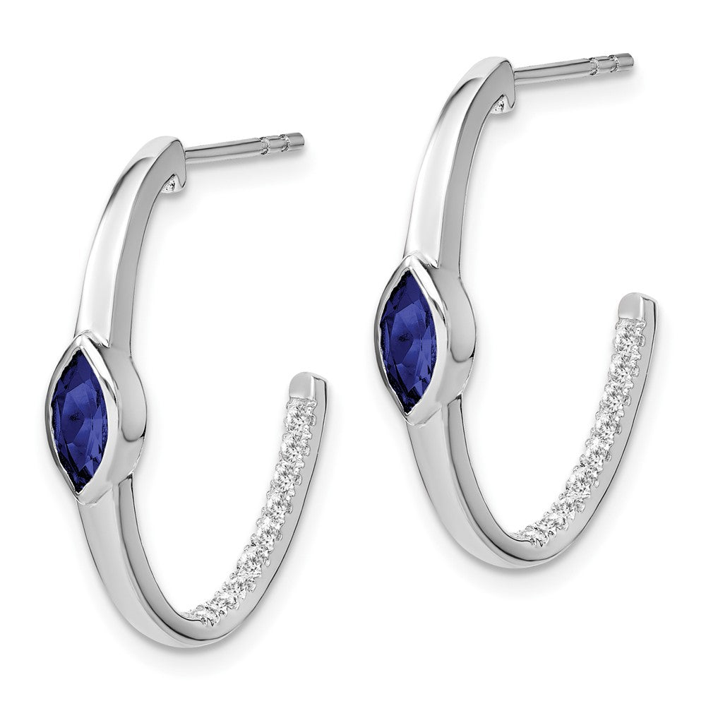 14k White Gold Marquise Created Sapphire/Real Diamond J-hoop Earrings