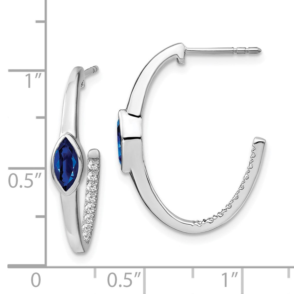 14k White Gold Marquise Created Sapphire/Real Diamond J-hoop Earrings