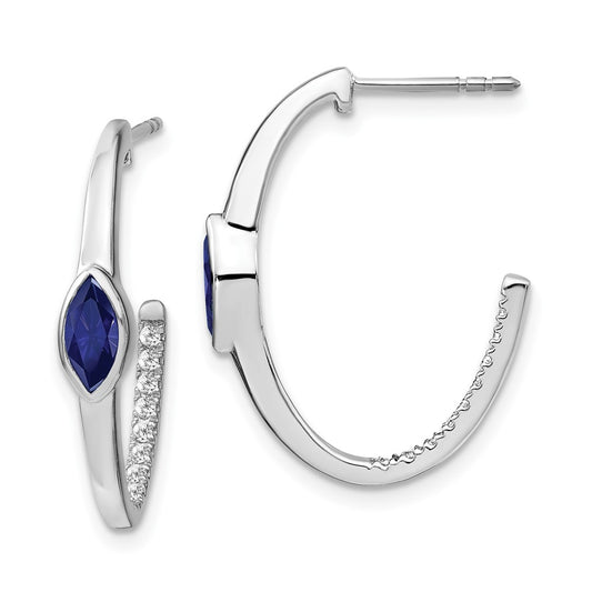 14k White Gold Marquise Created Sapphire/Real Diamond J-hoop Earrings