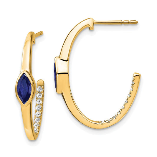 14k Yellow Gold Marquise Created Sapphire and Real Diamond J-hoop Earrings