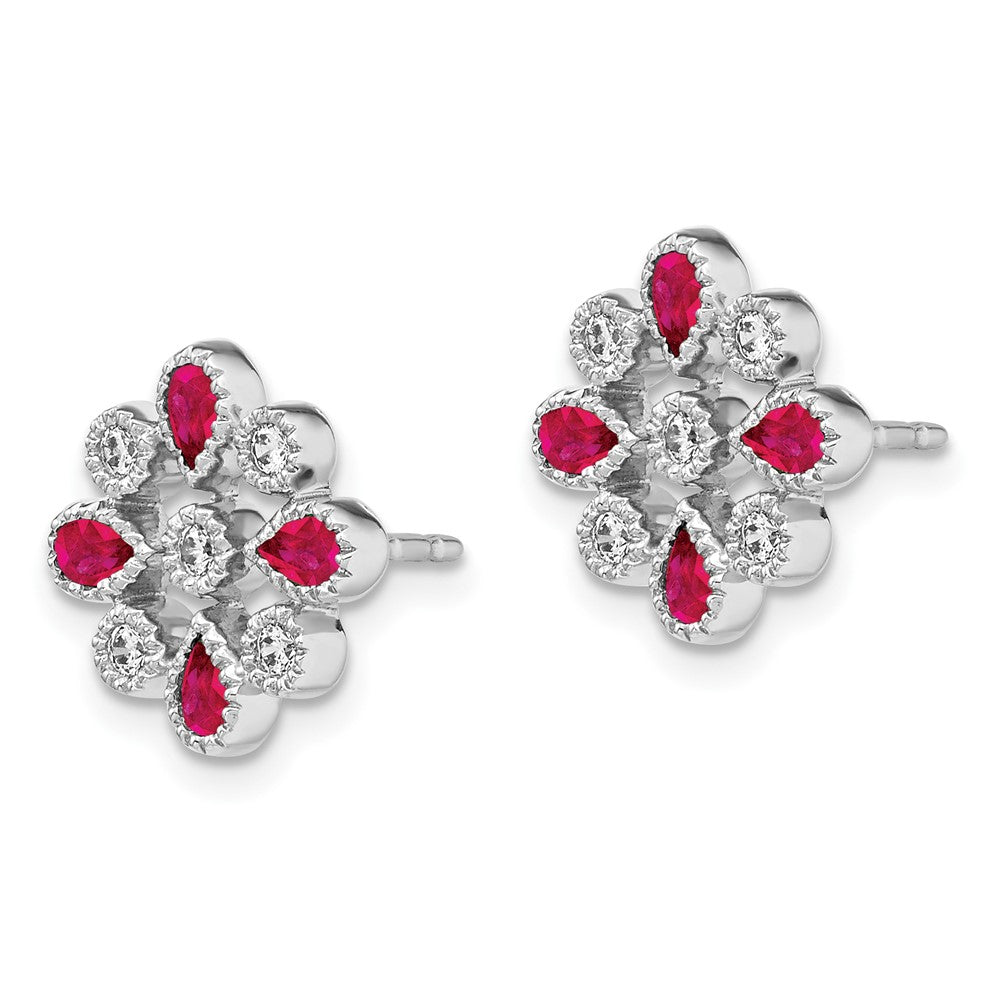 Solid 14k White Gold Simulated Ruby and CZ Post Earrings