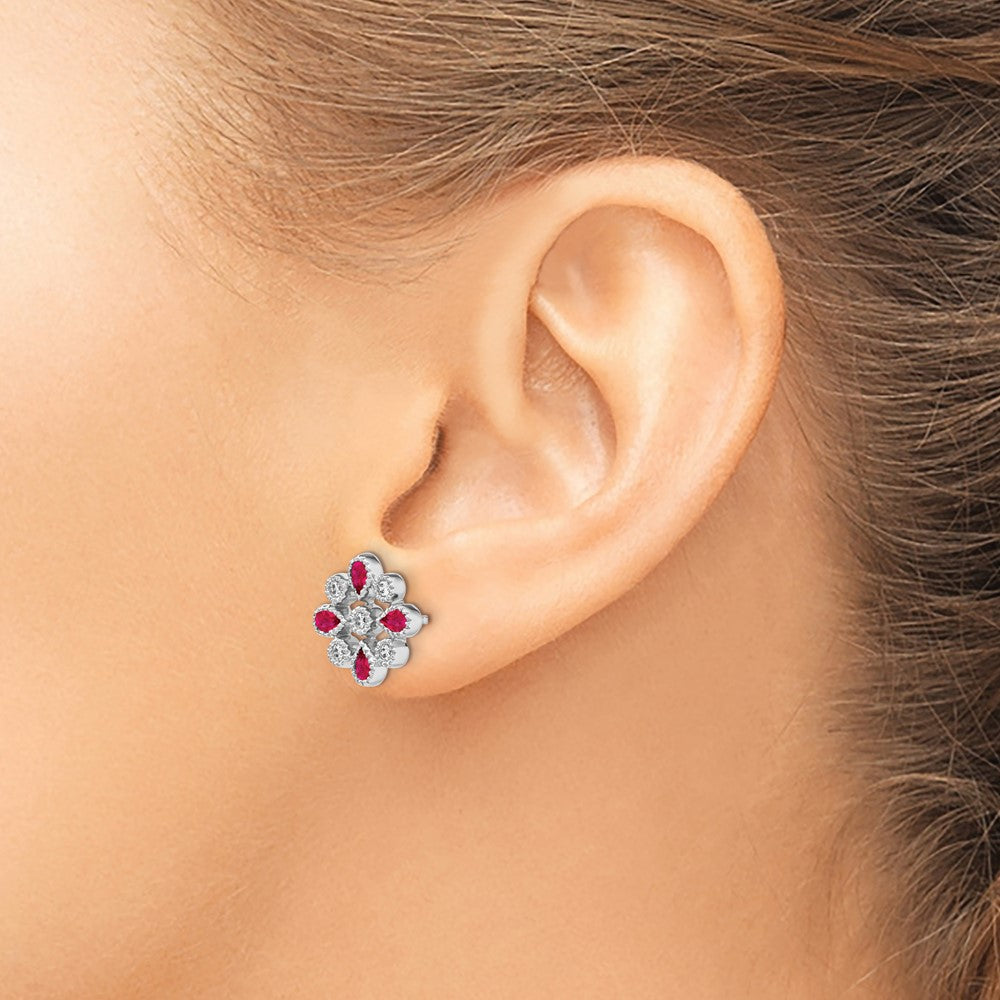 Solid 14k White Gold Simulated Ruby and CZ Post Earrings