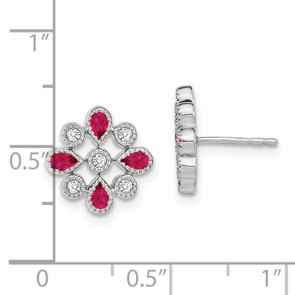 Solid 14k White Gold Simulated Ruby and CZ Post Earrings