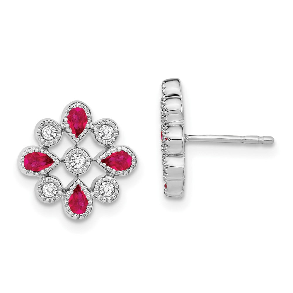 Solid 14k White Gold Simulated Ruby and CZ Post Earrings