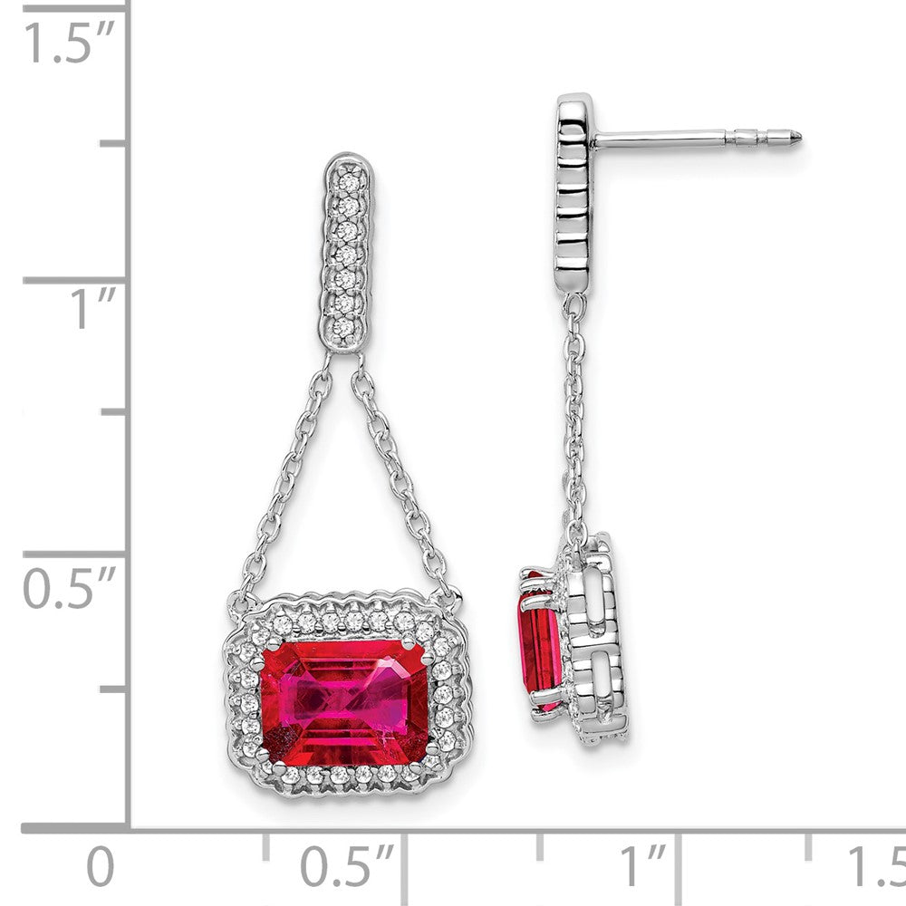 14k White Gold Created Ruby and Real Diamond Dangle Earrings