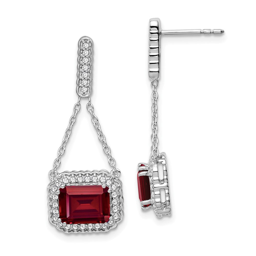 14k White Gold Created Ruby and Real Diamond Dangle Earrings