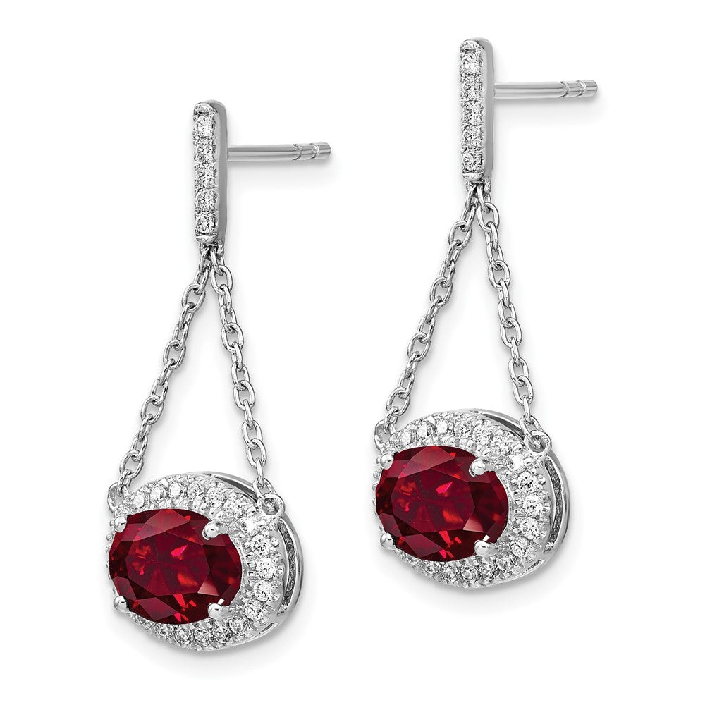 14k White Gold Oval Created Ruby and Real Diamond Dangle Earrings