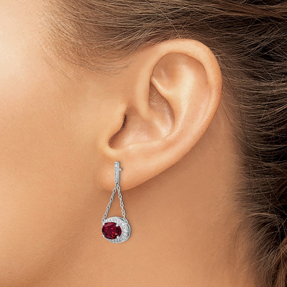 14k White Gold Oval Created Ruby and Real Diamond Dangle Earrings