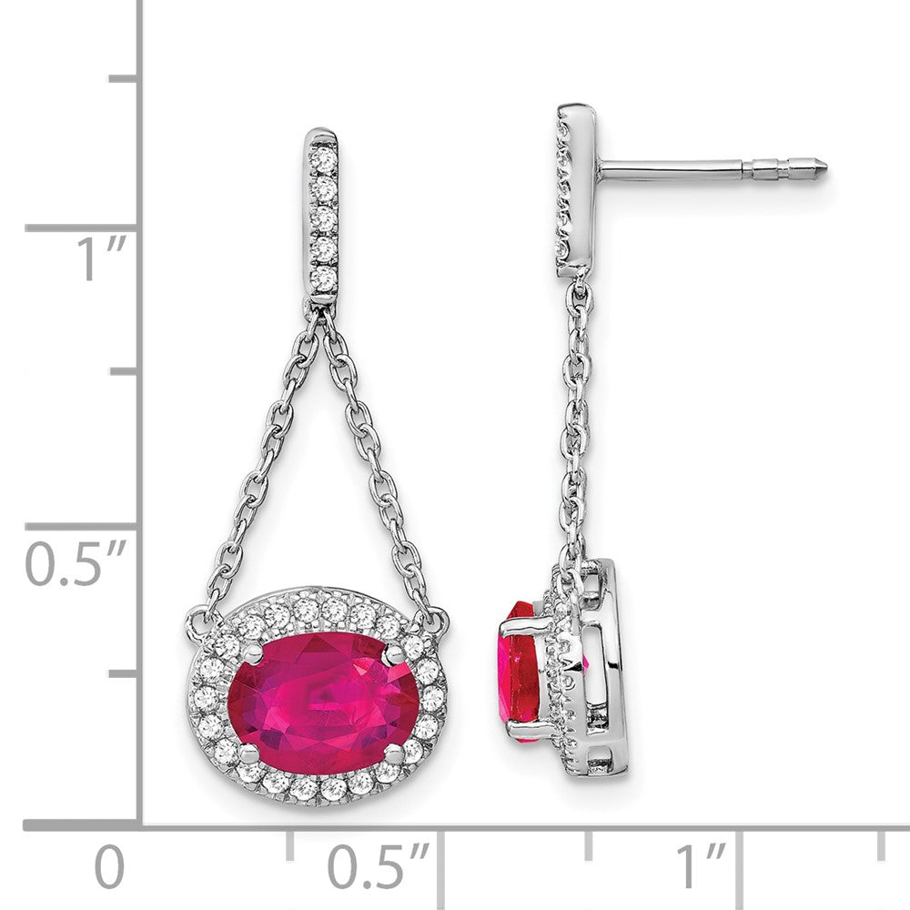 14k White Gold Oval Created Ruby and Real Diamond Dangle Earrings