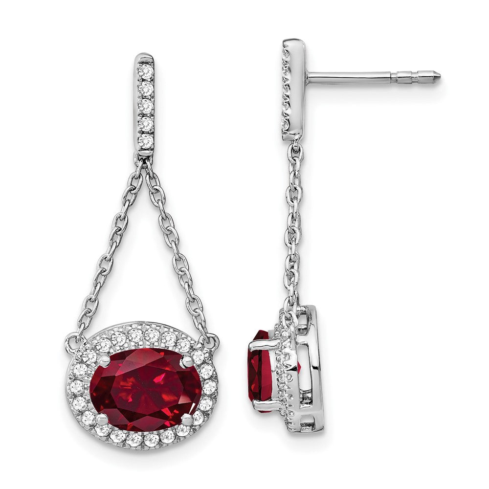 14k White Gold Oval Created Ruby and Real Diamond Dangle Earrings