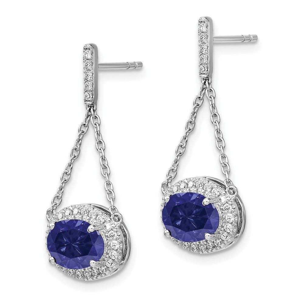 14k White Gold Oval Created Sapphire and Real Diamond Dangle Earrings