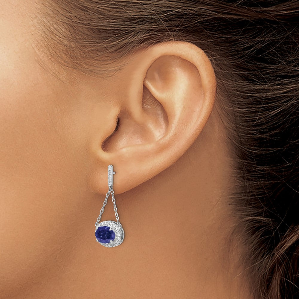 14k White Gold Oval Created Sapphire and Real Diamond Dangle Earrings