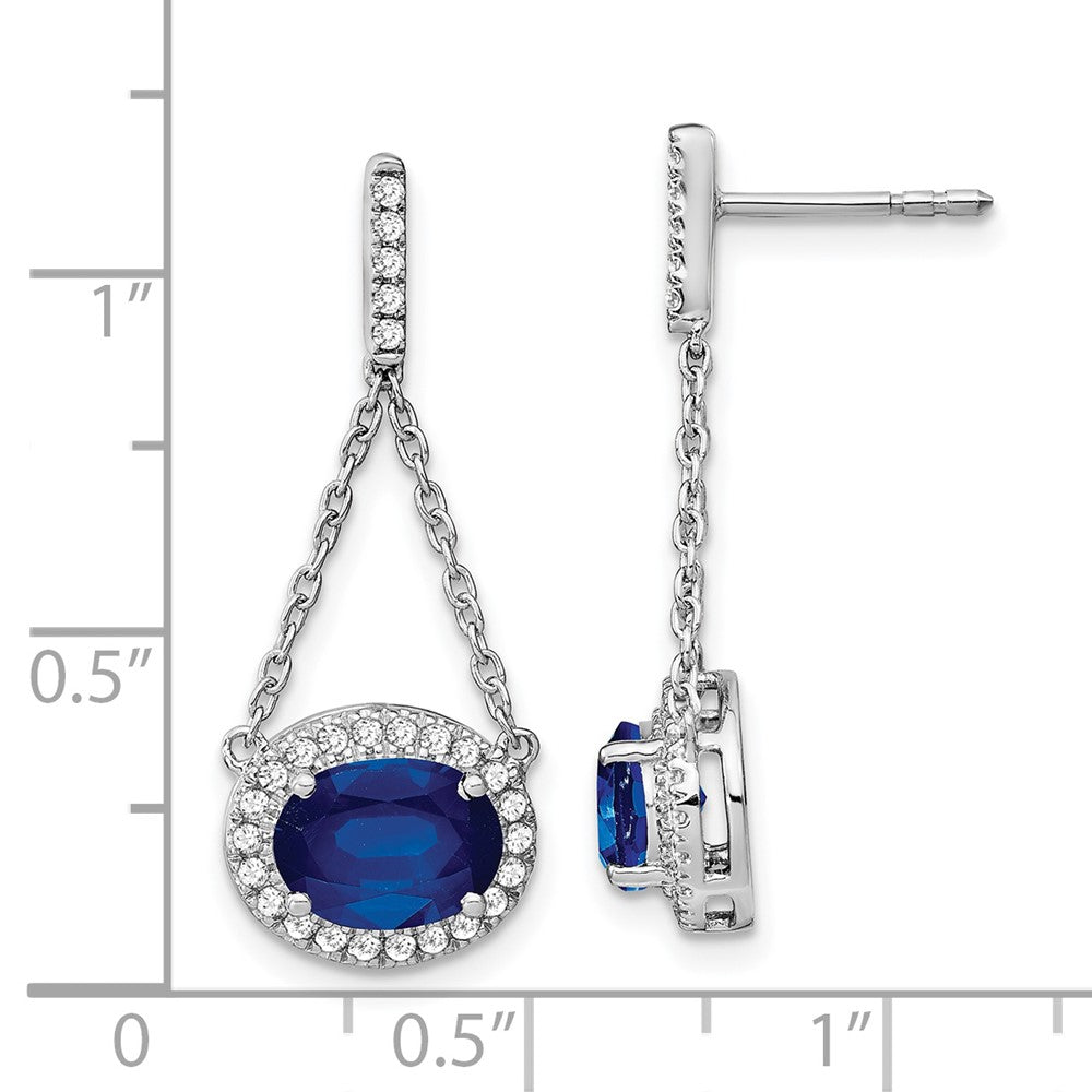 14k White Gold Oval Created Sapphire and Real Diamond Dangle Earrings