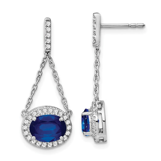 14k White Gold Oval Created Sapphire and Real Diamond Dangle Earrings