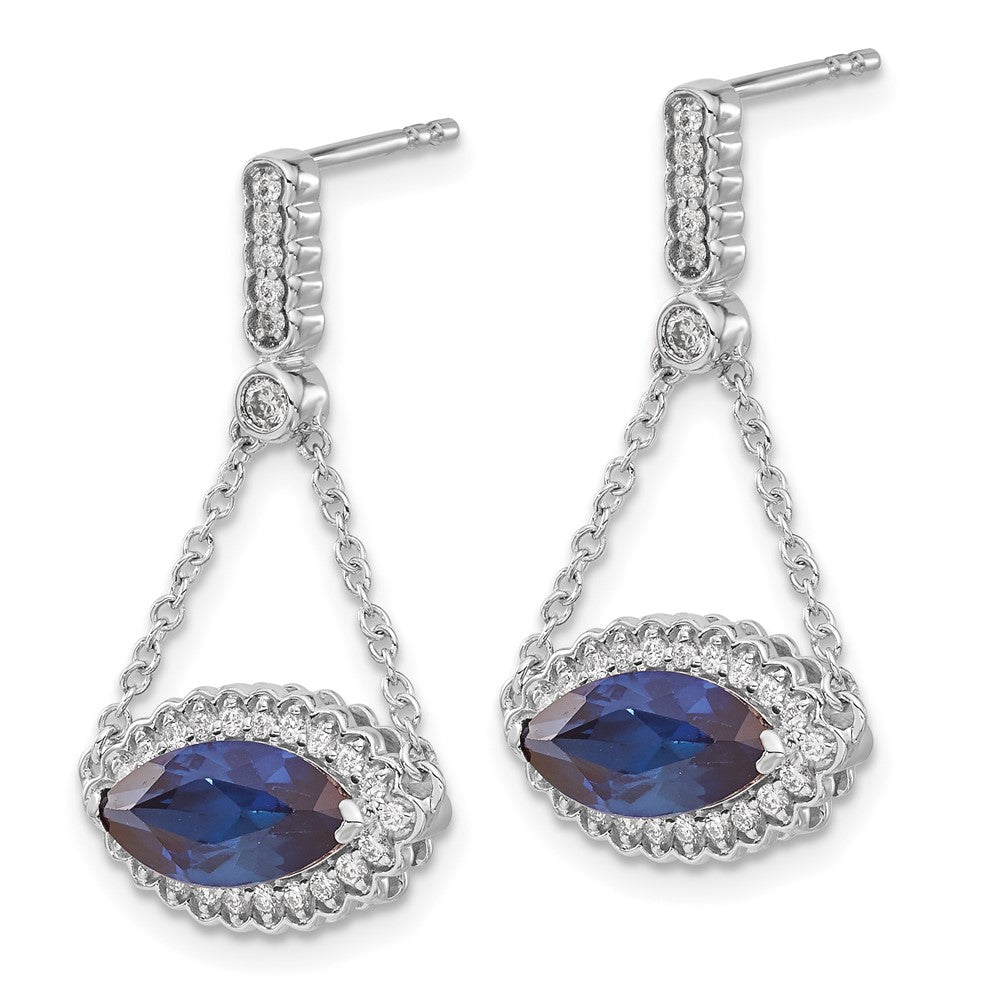 14k White Gold Marquise Created Sapphire and Real Diamond Earrings