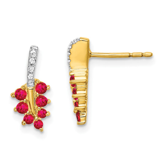 14k Yellow Gold Ruby and Real Diamond Leaf Earrings