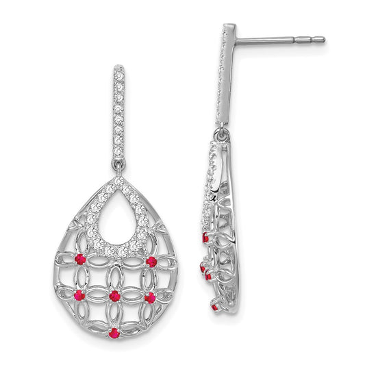 14k White Gold Ruby and Real Diamond Dangle Earrings