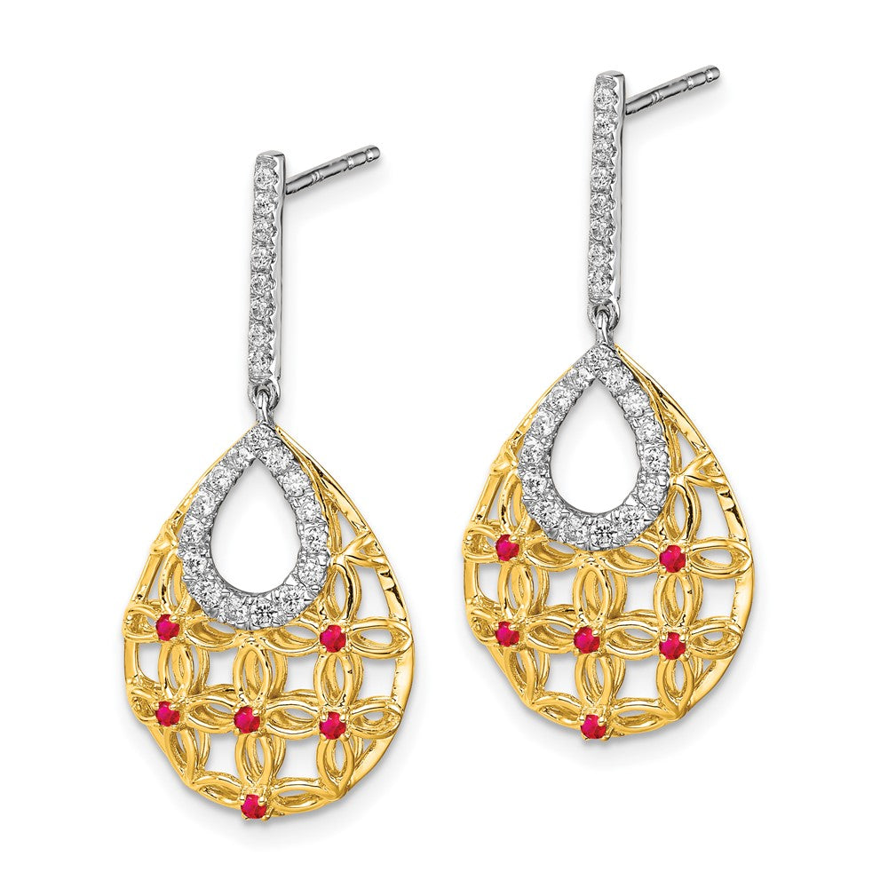 Solid 14k Yellow Gold Simulated Ruby and CZ Dangle Earrings