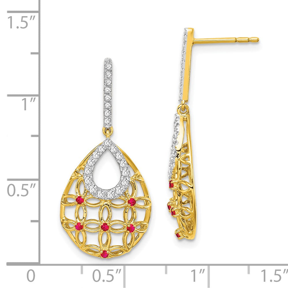 Solid 14k Yellow Gold Simulated Ruby and CZ Dangle Earrings