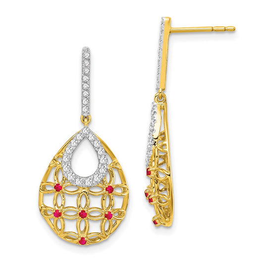 Solid 14k Yellow Gold Simulated Ruby and CZ Dangle Earrings