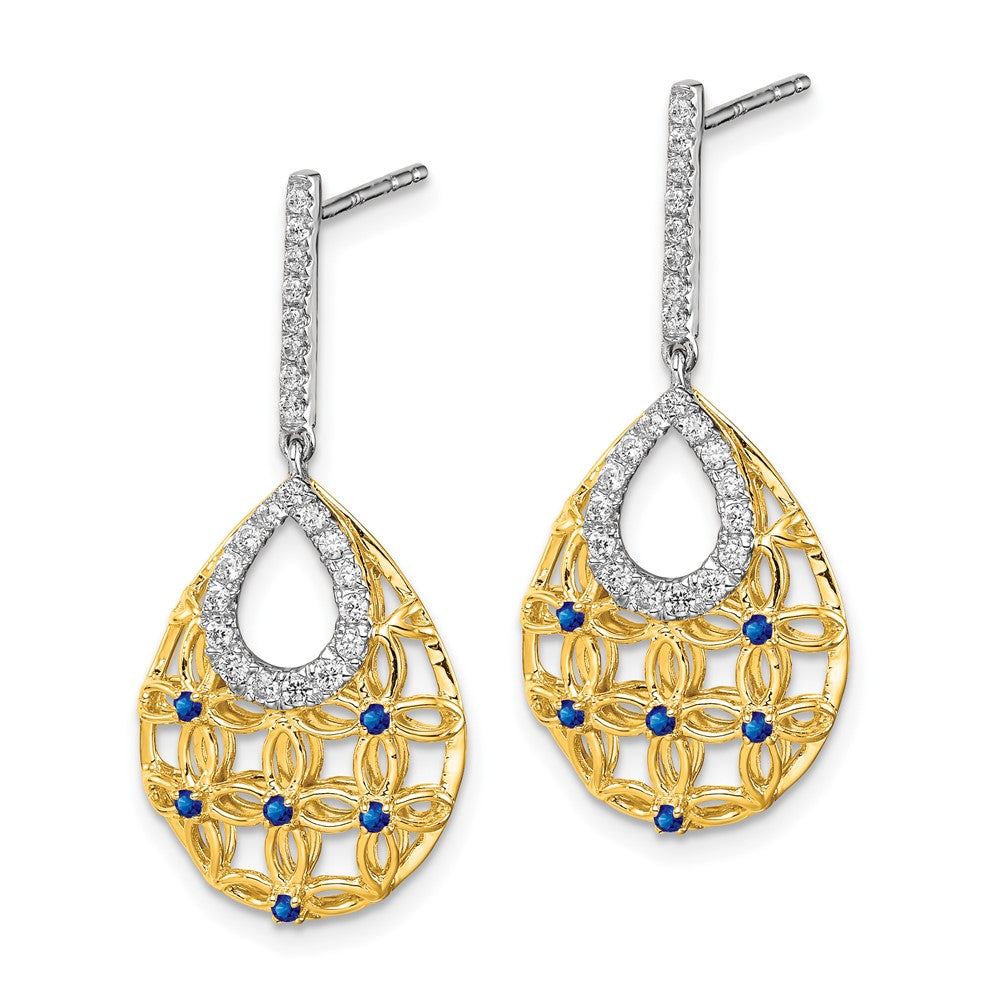 Solid 14k Yellow Gold Simulated Sapphire and CZ Dangle Earrings