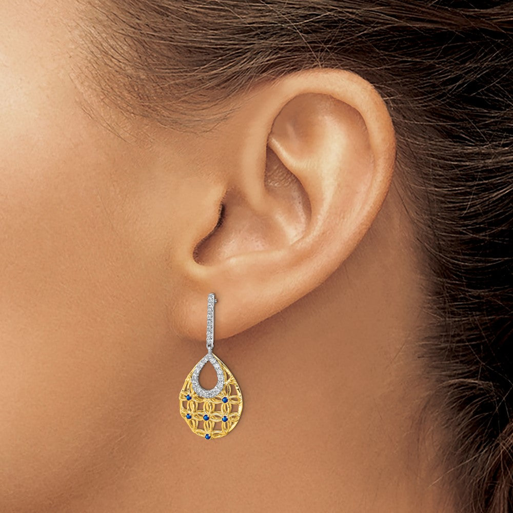 Solid 14k Yellow Gold Simulated Sapphire and CZ Dangle Earrings