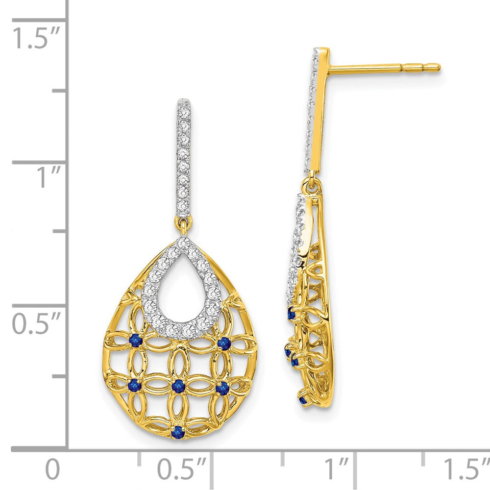 Solid 14k Yellow Gold Simulated Sapphire and CZ Dangle Earrings