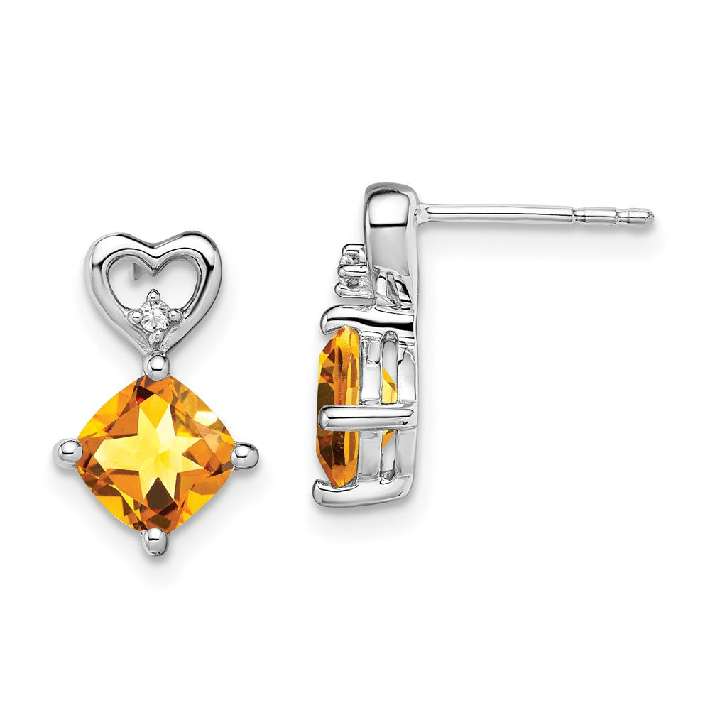 Solid 14k White Gold Simulated Citrine and CZ Heart Earrings