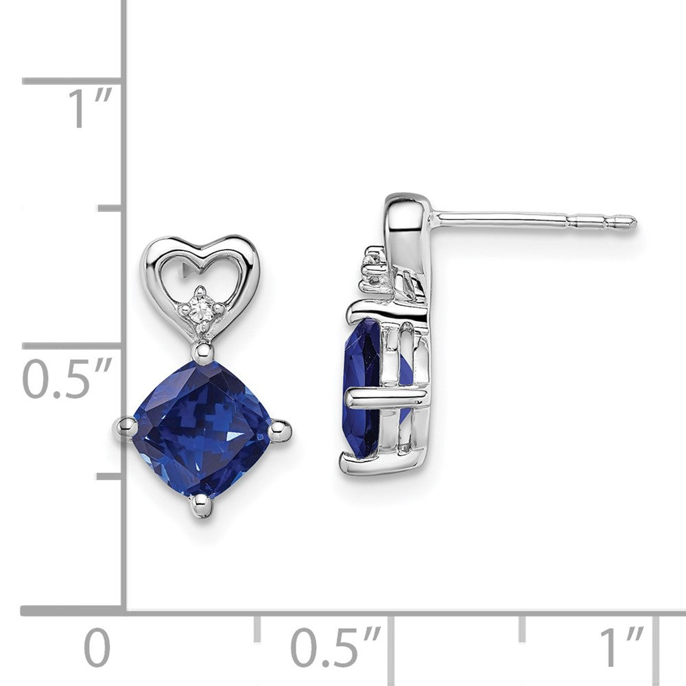 14k White Gold Created Sapphire and Real Diamond Heart Earrings