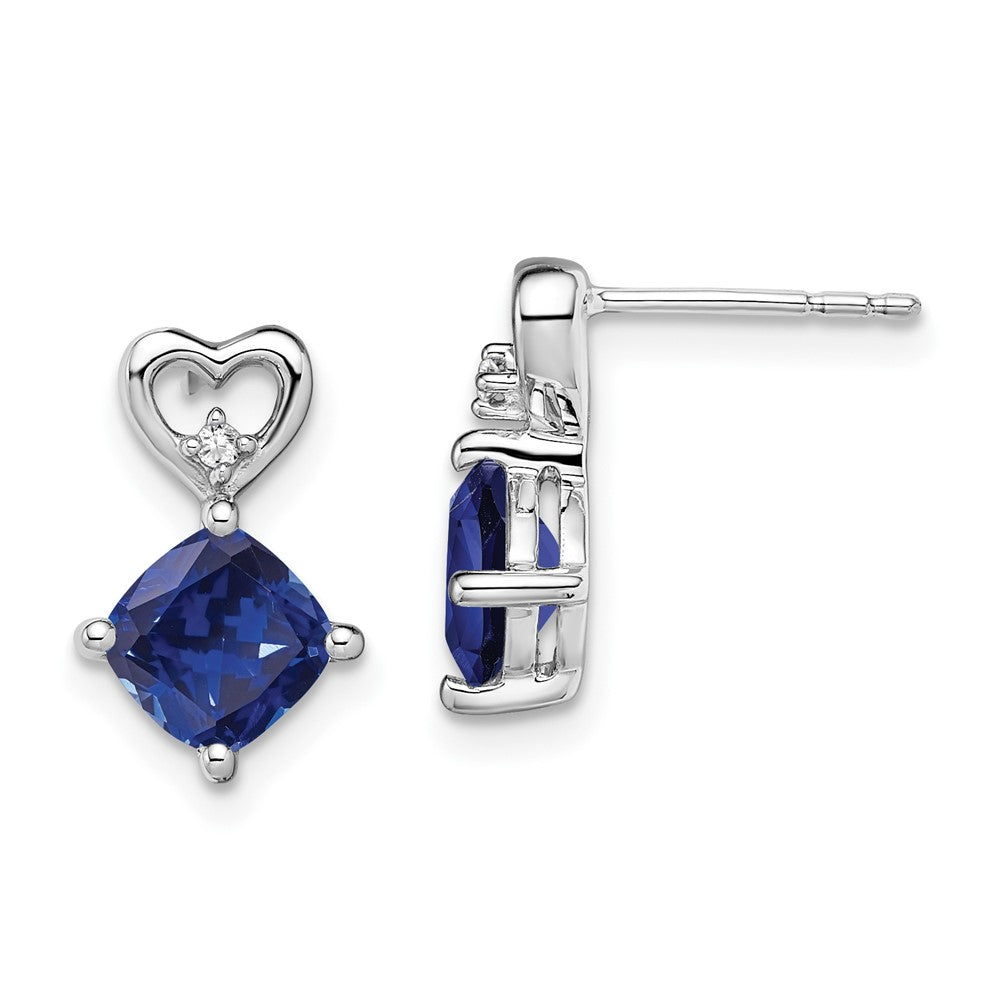 14k White Gold Created Sapphire and Real Diamond Heart Earrings