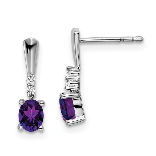 14k White Gold Oval Amethyst and Real Diamond Dangle Earrings