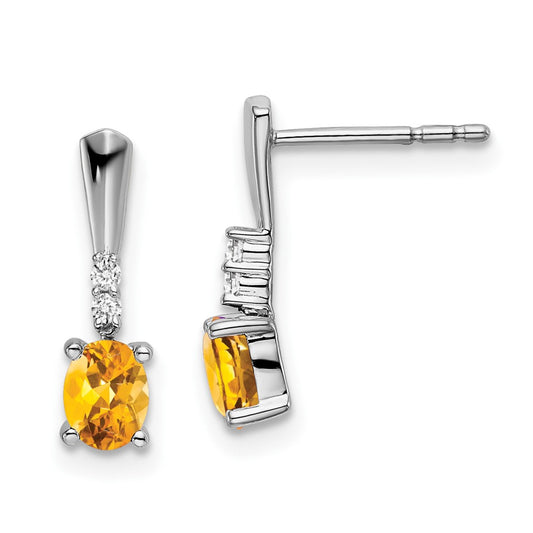 Solid 14k White Gold Oval Simulated Citrine and CZ Dangle Earrings