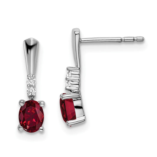 14k White Gold Oval Created Ruby and Real Diamond Dangle Earrings