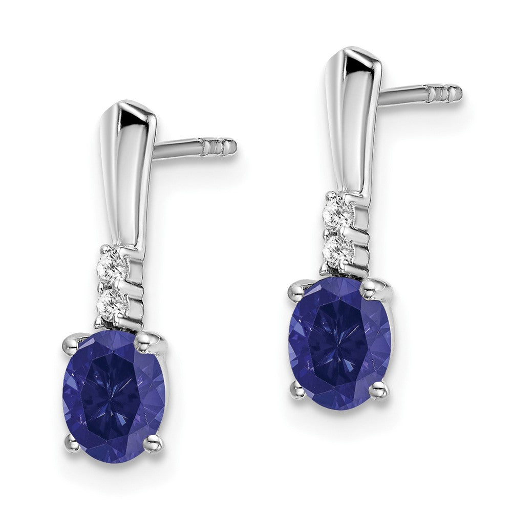 14k White Gold Oval Created Sapphire and Real Diamond Dangle Earrings