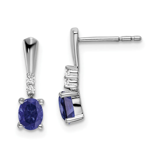 14k White Gold Oval Created Sapphire and Real Diamond Dangle Earrings