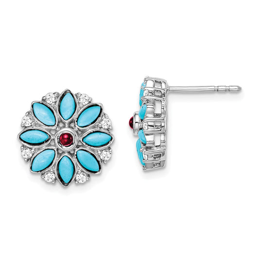 14k White Gold Turquoise/Creat. Ruby/Wht. Topaz Floral Earrings