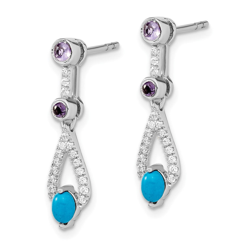 Solid 14k White Gold Simulated Turquoise Simulated/Simulated Amethyst Topaz Dangle Earrings