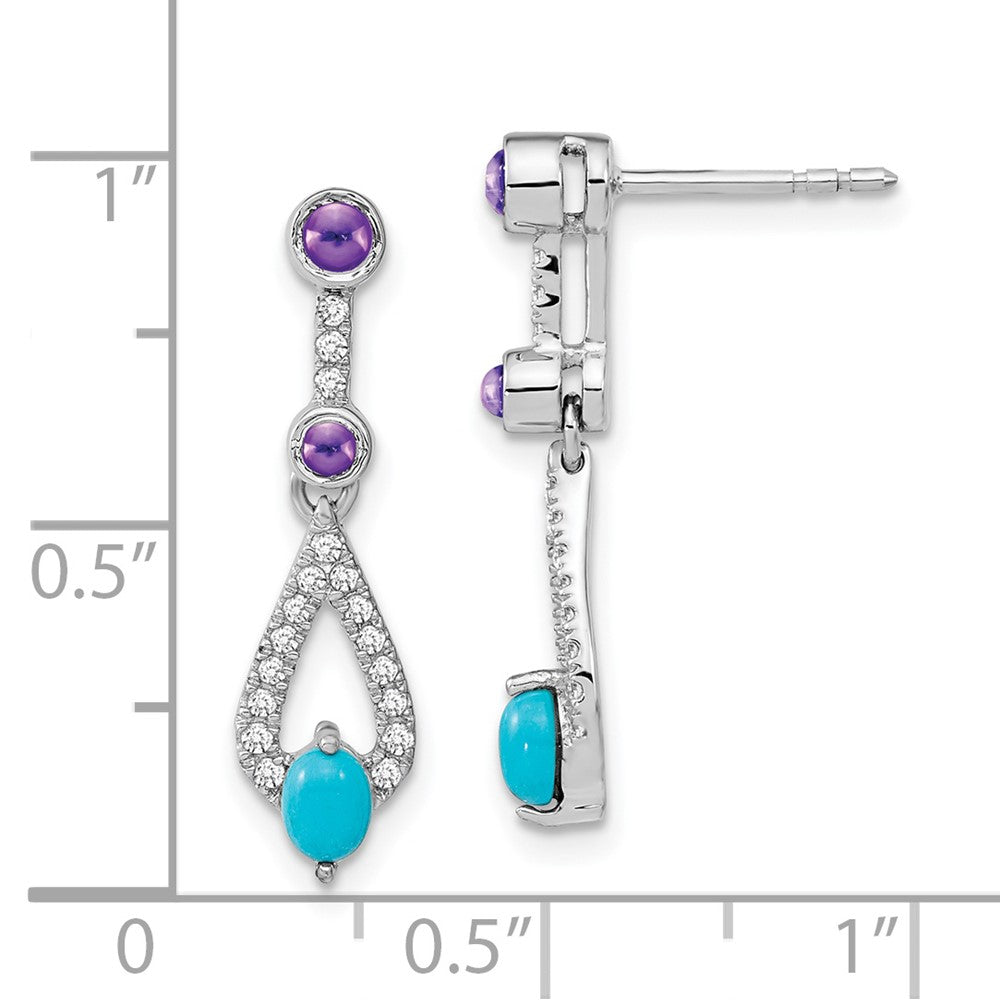 Solid 14k White Gold Simulated Turquoise Simulated/Simulated Amethyst Topaz Dangle Earrings