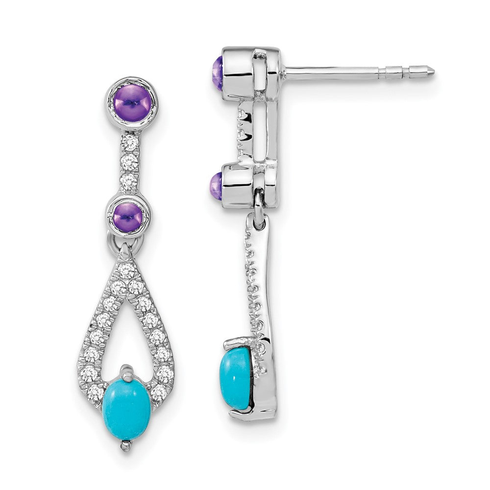 Solid 14k White Gold Simulated Turquoise Simulated/Simulated Amethyst Topaz Dangle Earrings