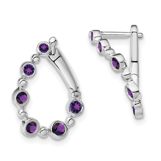 Solid 14k White Gold Simulated Amethyst Teardrop Hoop Earrings