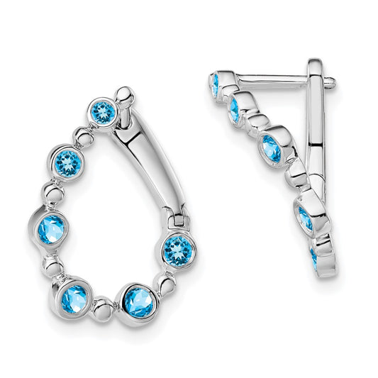 Solid 14k White Gold Simulated Blue Topaz Teardrop Hoop Earrings