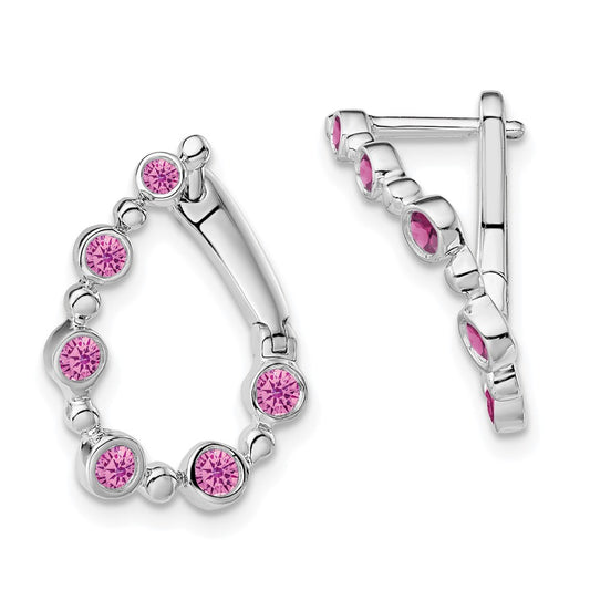 14k White Gold Created Pink Sapphire Teardrop Hoop Earrings