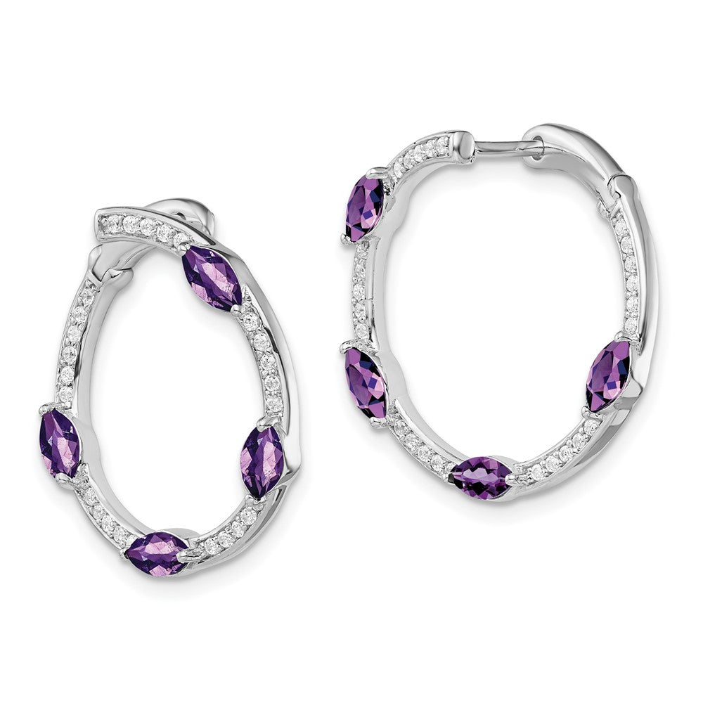 Solid 14k White Gold Simulated Amethyst and CZ Hoop Earrings